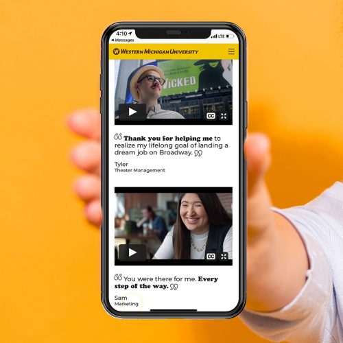 Close up photo of charming beautiful attractive lady taking photo offering suggesting advising product raising her thumb up dressed up white sweater isolated over vivid background.